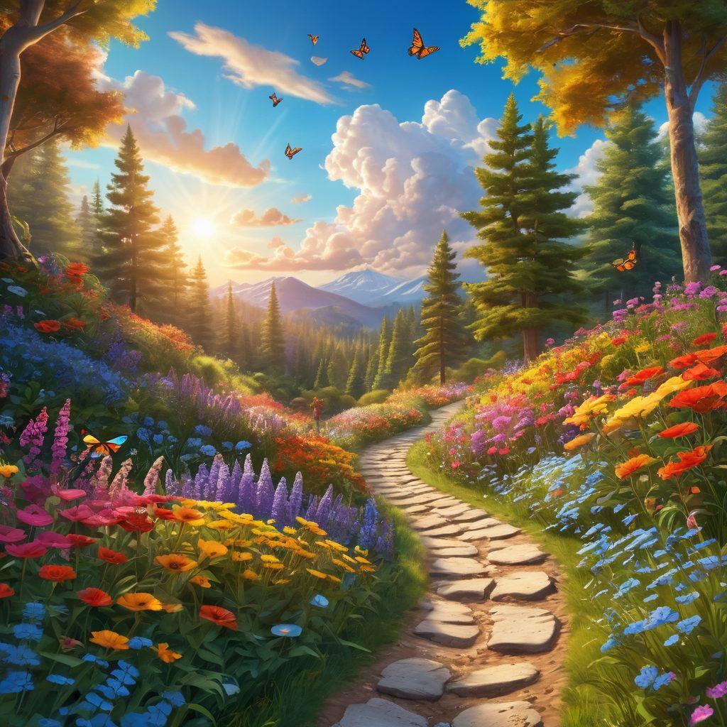 A radiant landscape featuring a sunlit path winding through a vibrant forest filled with colorful flowers and butterflies, symbolizing positivity and joy. A diverse group of people walking along the path, smiling and engaging with one another, embodying the concept of happiness. The sky is bright blue with fluffy clouds, and the scene is infused with a sense of warmth and positivity. cartoon style. vibrant colors. 3D.