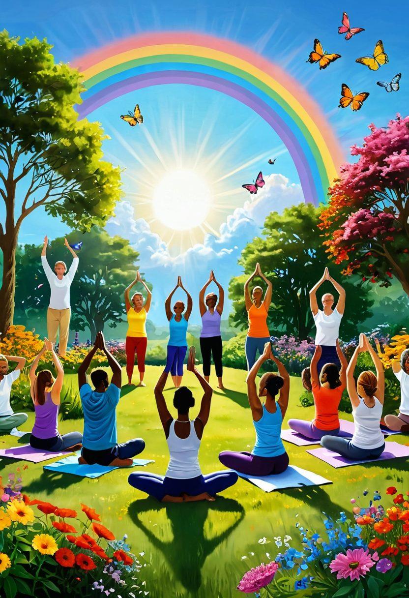 A serene scene of a diverse group of people joyfully engaging in various activities such as yoga, gardening, and painting under a bright sun. Surround them with colorful flowers and butterflies to symbolize happiness and positivity. The background features a rainbow arching over a lush landscape, embodying the concept of vibrant living. Soft, uplifting colors to evoke a sense of peace and joy. super-realistic. vibrant colors.