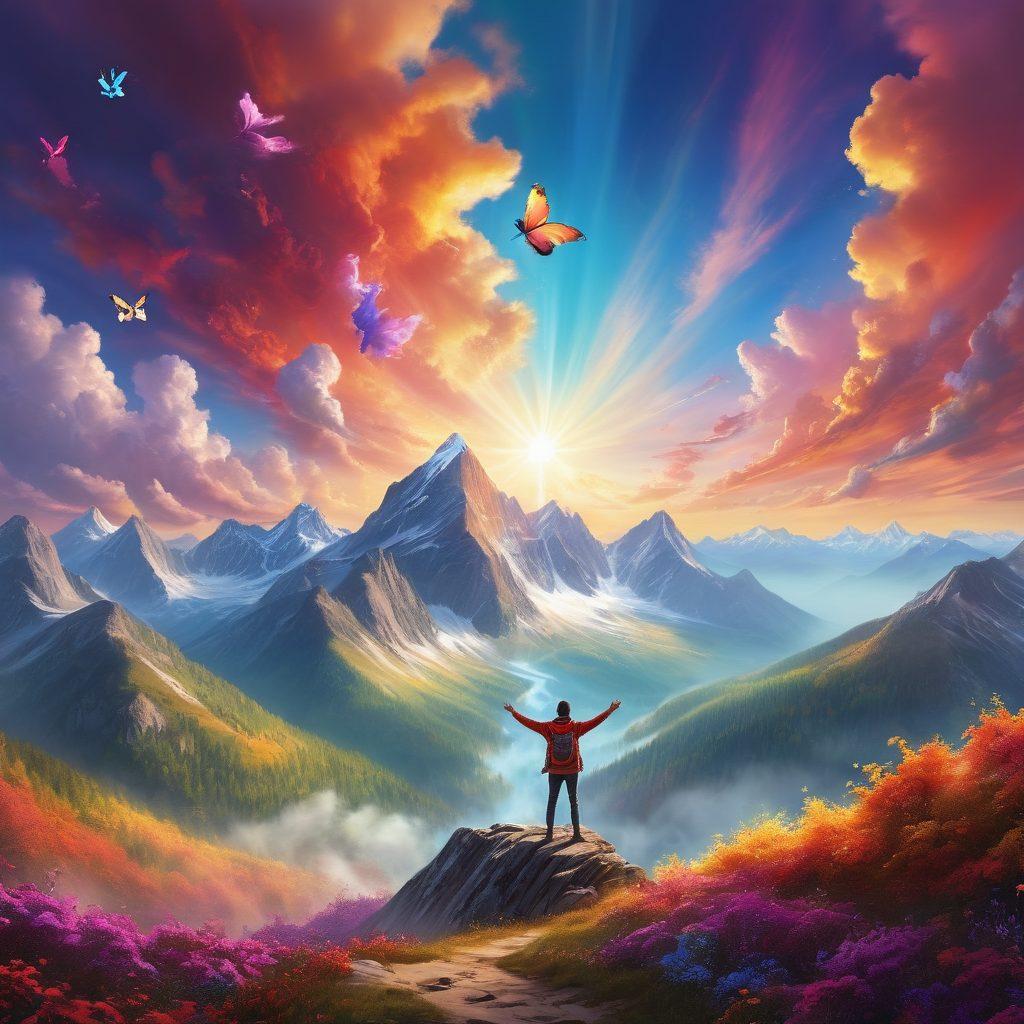 A person standing atop a vibrant mountain peak, arms raised in triumph, surrounded by swirling colorful clouds representing euphoria. Below, a panoramic view of diverse landscapes showcasing happiness and adventure, like sunlit forests and sparkling rivers. In the sky, playful light rays and butterflies symbolize joy and transformation. super-realistic. vibrant colors.